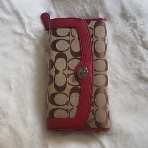 Large Coach Checkbook Wallet Monochrome with Red Leather Accents